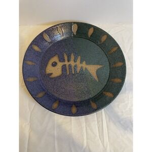 Studio Pottery Fish Design Blue Green Signed And Dated 1999 10"